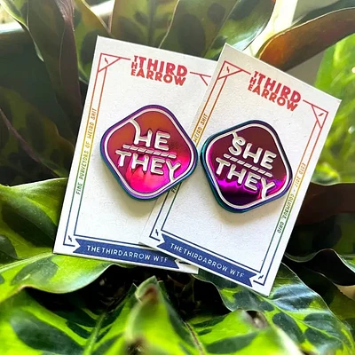 She/They Rainbow Metal Pronoun Pin