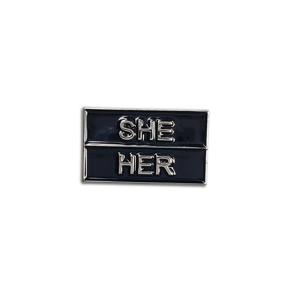 She/Her Silver Black Pronoun Pin