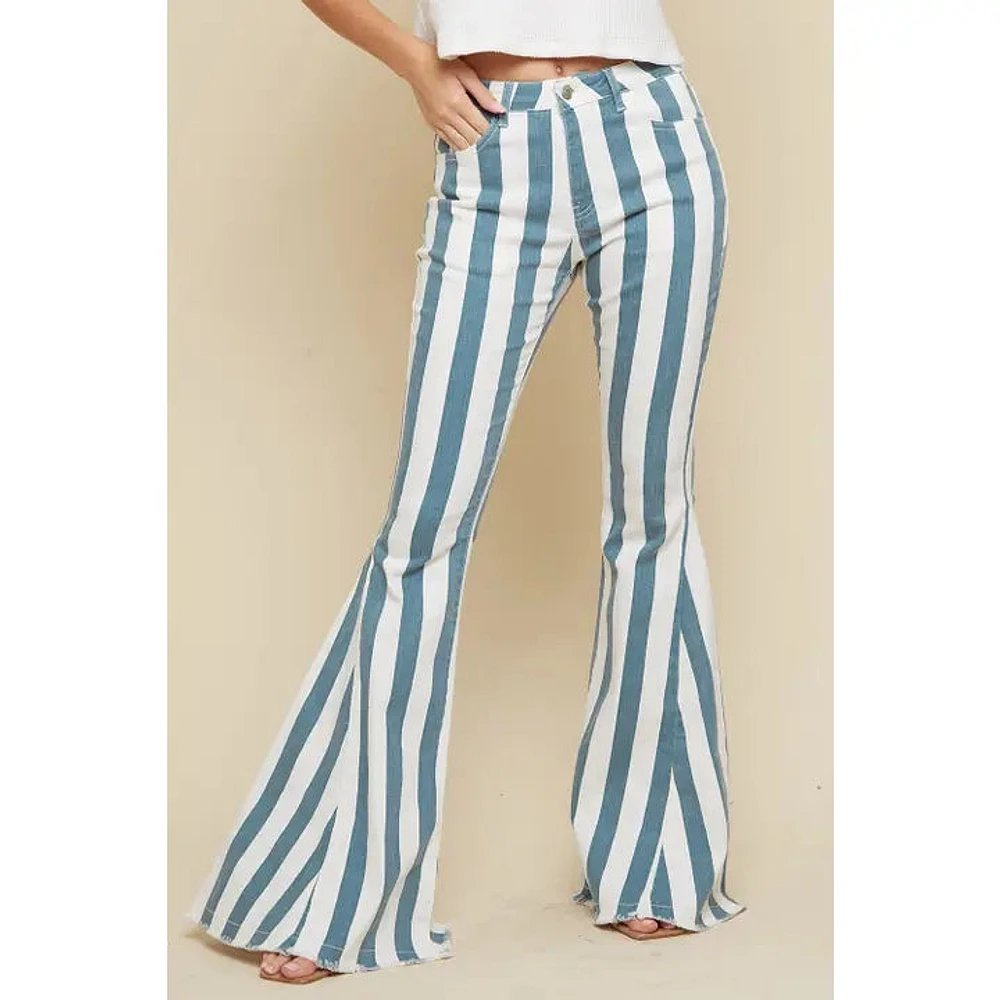 Deep Teal Striped Washed Denim Bell Bottoms