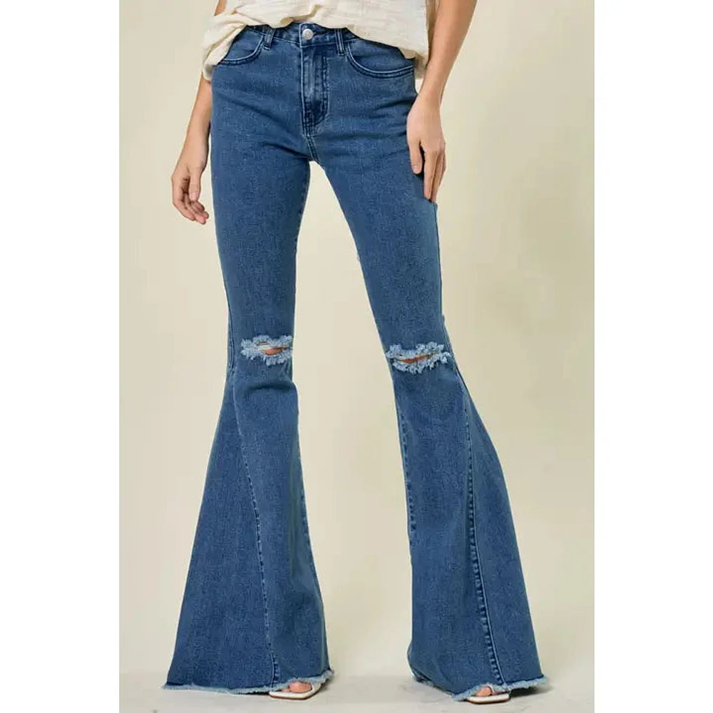 Fringed Bell Bottom Denim Midtone Blue