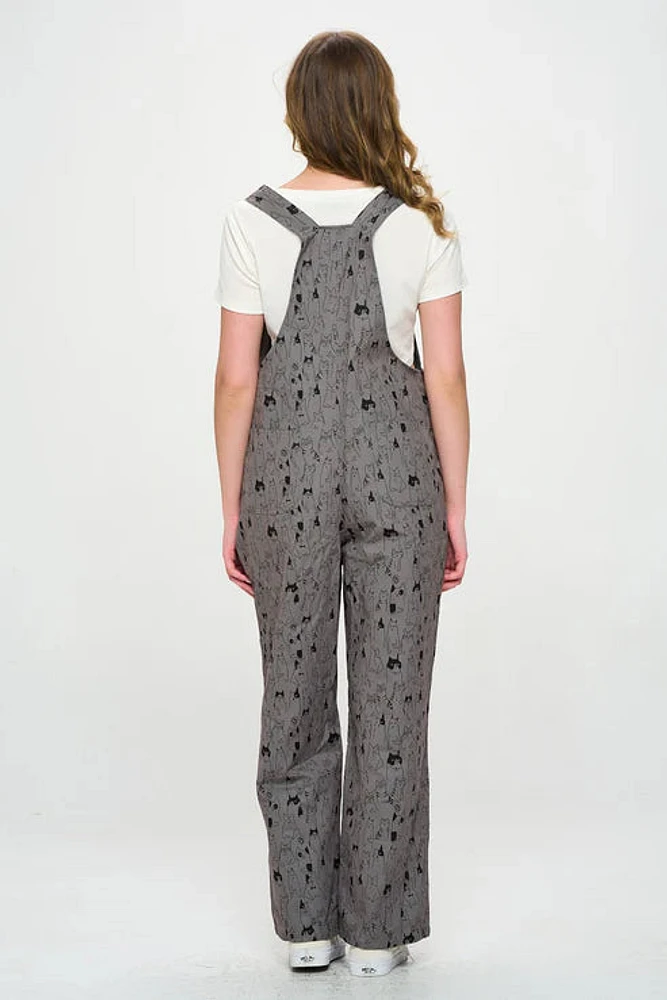 Muli Cat Print Cotton Jumpsuit Grey