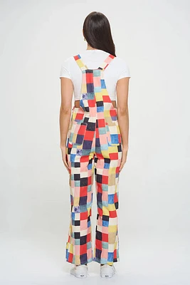 Colorful Patch Square Print Overalls