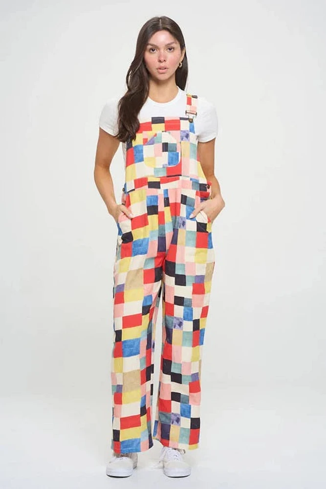 Colorful Patch Square Print Overalls