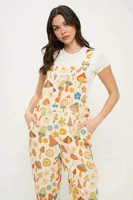 Colorful Floral Mushrooms Print Overalls