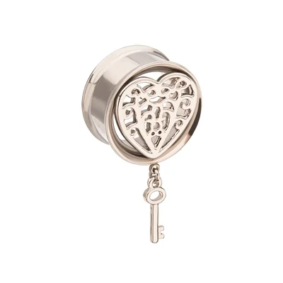 Heart Filigree W/ Key Dangle Tunnel 0g - 7/8