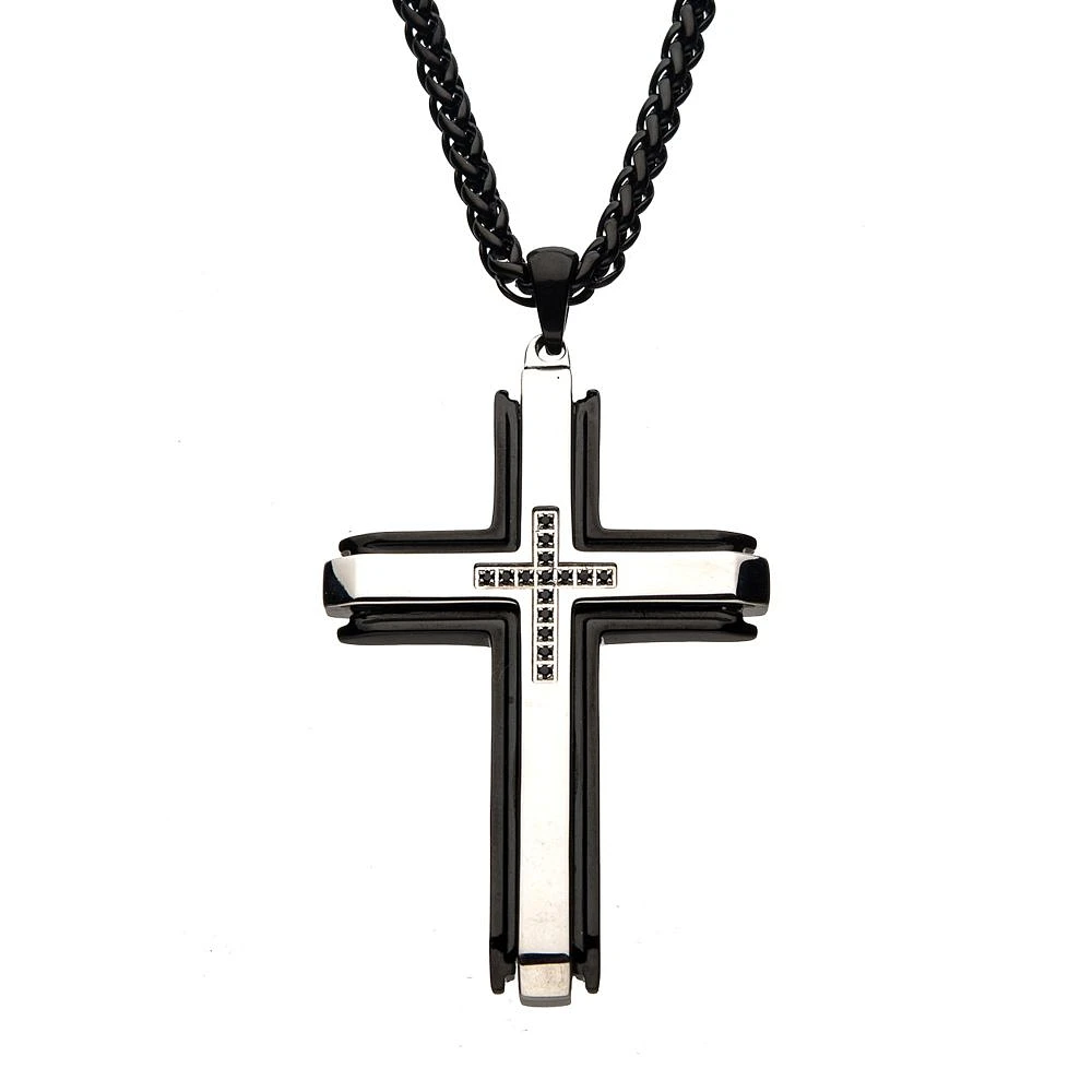 Black IP Stainless Steel Cross Pendant with Black CZs & 24" Wheat Chain