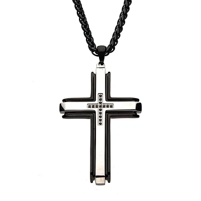 Black IP Stainless Steel Cross Pendant with Black CZs & 24" Wheat Chain