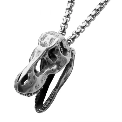 Distressed Matte Steel T-Rex Skull Pendant With Chain