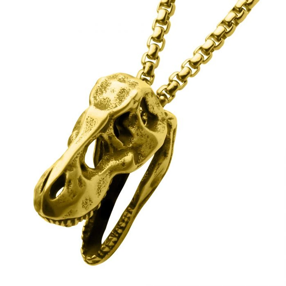 Distressed Matte 18KT Gold IP T-Rex Skull Pendant With Chain