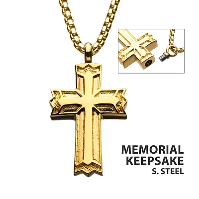 Steel & Gold IP Memorial Cross W/ Gold IP Box Chain 22"