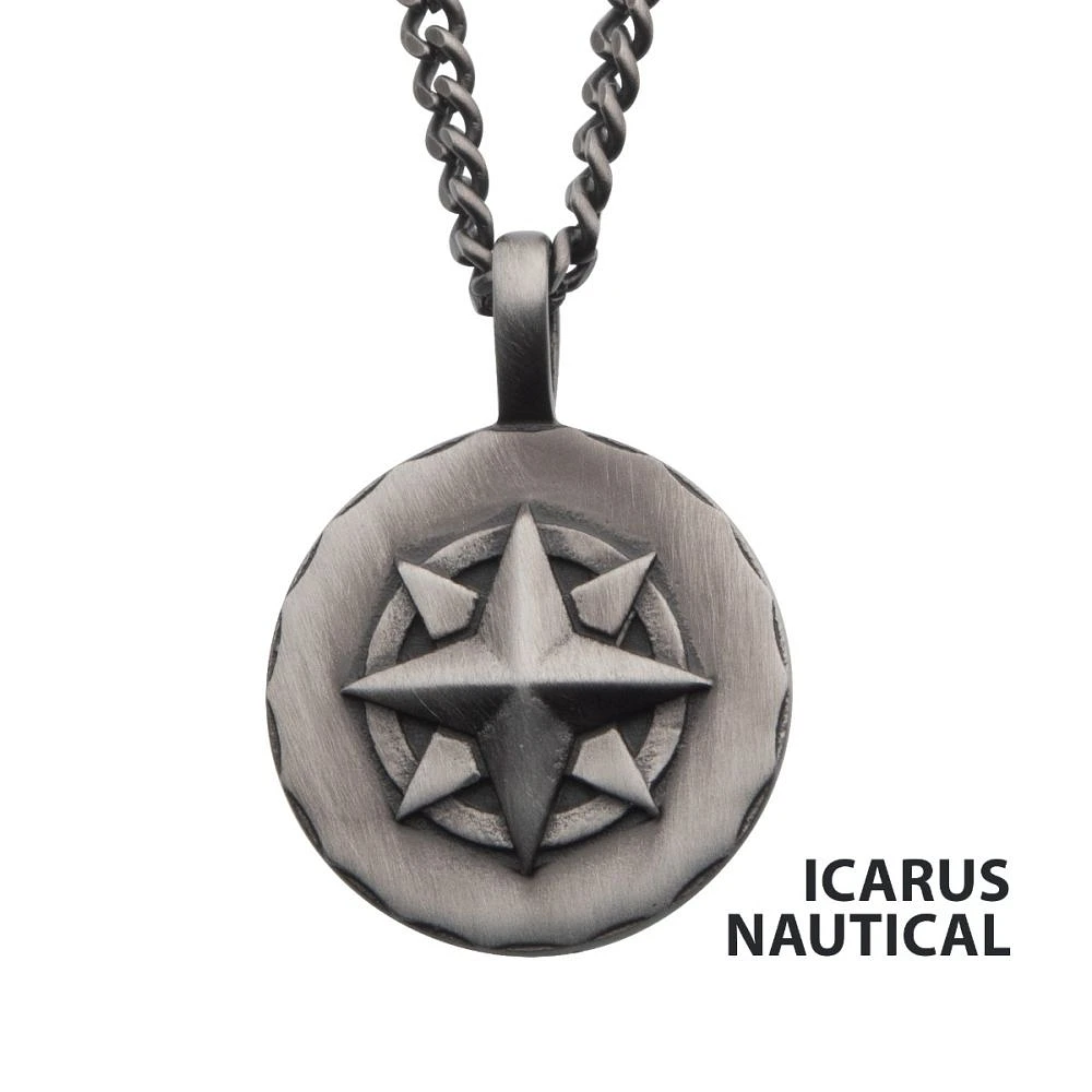 Gunmetal IP Engravable Compass Pendant w/ Chain 22"