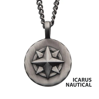 Gunmetal IP Engravable Compass Pendant w/ Chain 22"