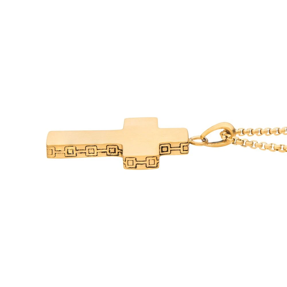 18Kt Gold IP Engravable Cross Pendant with Round Box Chain