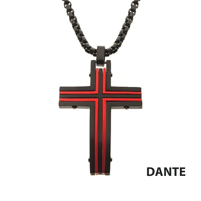 Pendentif croix de Dante IP noir et rouge avec chaîne 24"