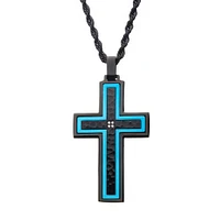 Cruz de línea azul martillada con colgante de acero inoxidable con circonitas