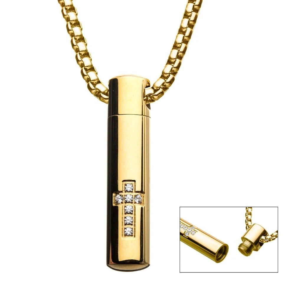 Stainless Steel & Gold IP Memorial Pendant W/ Clear Cz & Gold IP Box Chain