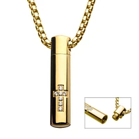 Stainless Steel & Gold IP Memorial Pendant W/ Clear Cz & Gold IP Box Chain