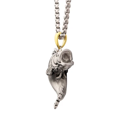 Antiqued Matte Finish Steel Largemouth Bass Pendant 24" Chain