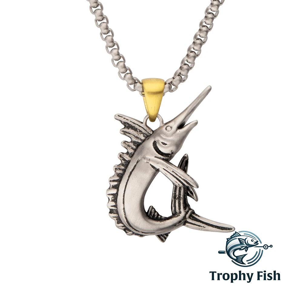 Antiqued Matte Finish Steel Marlin Pendant 24" Chain