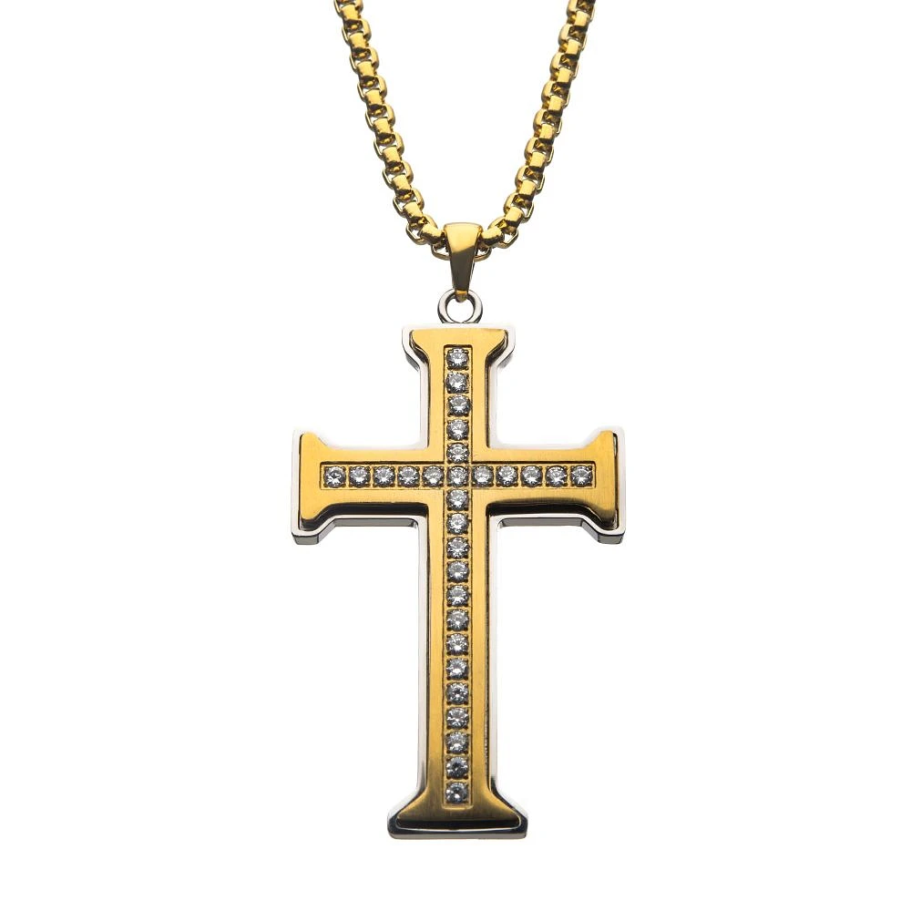 Gold IP Cross Pendant Steel Frame 24" Chain