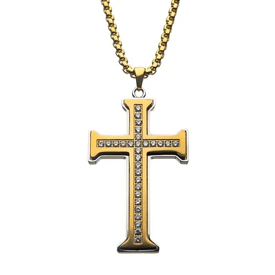 Gold IP Cross Pendant Steel Frame 24" Chain