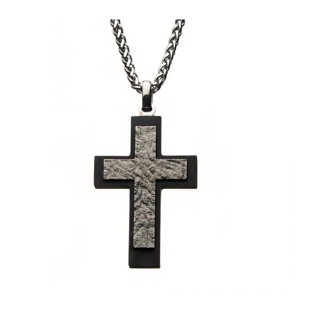 Steel Black Carbon Fibre Cross Pendant 24" Chain