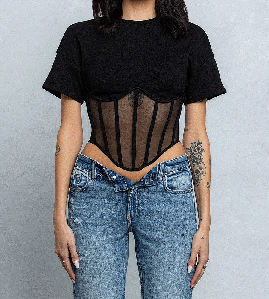 Mesh Bustier Boning Detail Short Slv Top