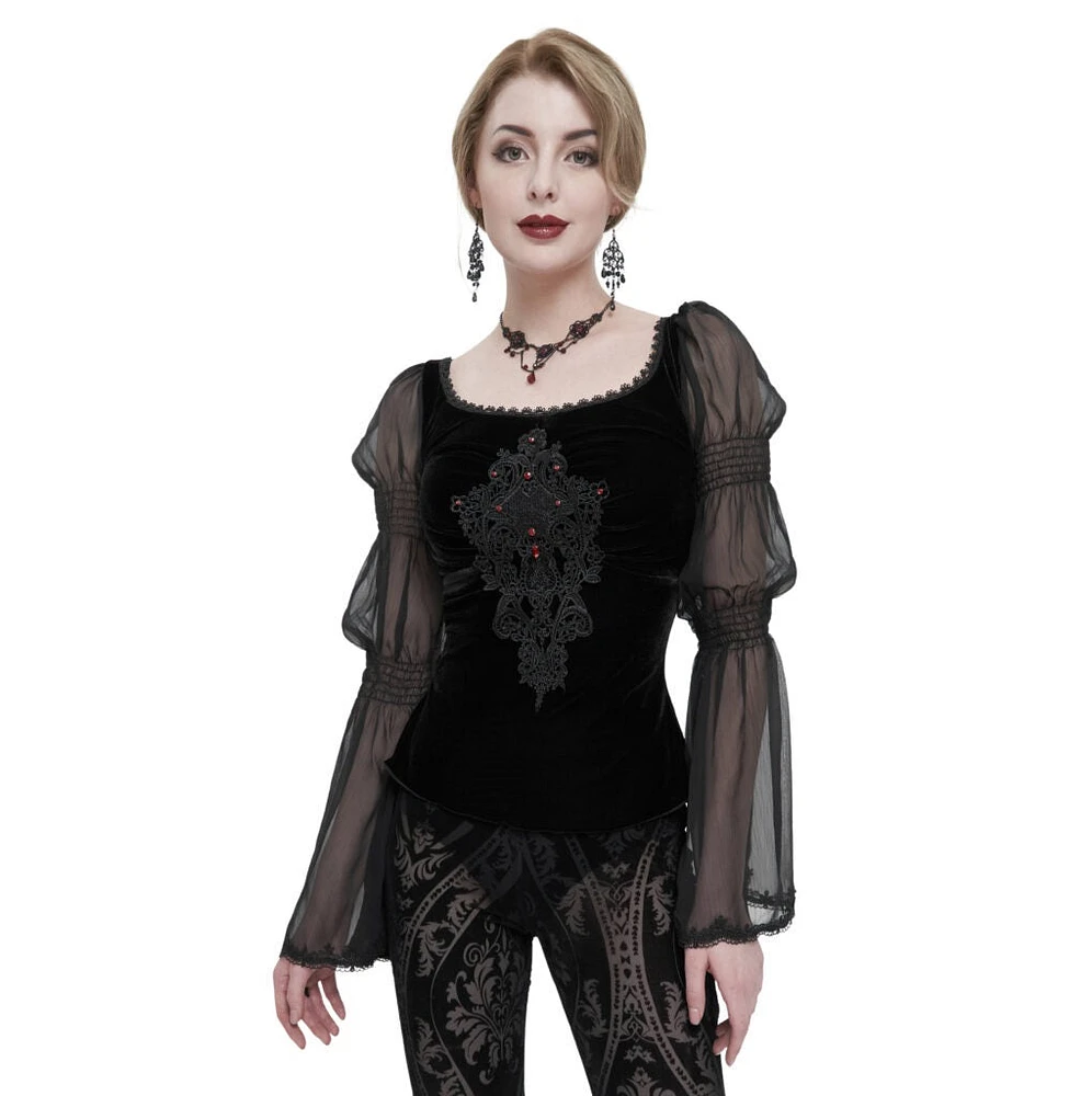 Bell Slv Cross Embroidered Velvet Top