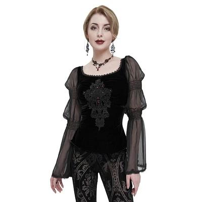 Bell Slv Cross Embroidered Velvet Top