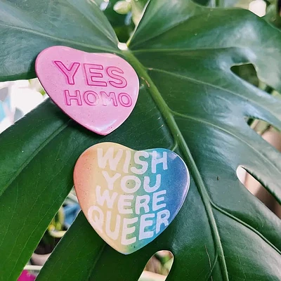 Wish You Were Queer Heart Shape Pin