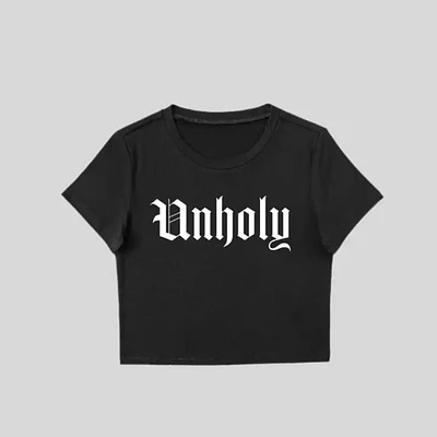 Black Unholy Cropped Tshirt With White Lettering