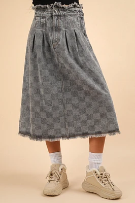 Washed Checkered Denim Midi Skirt Grey