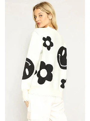 Smiley And Flower Knit Sweater