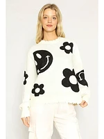 Smiley And Flower Knit Sweater