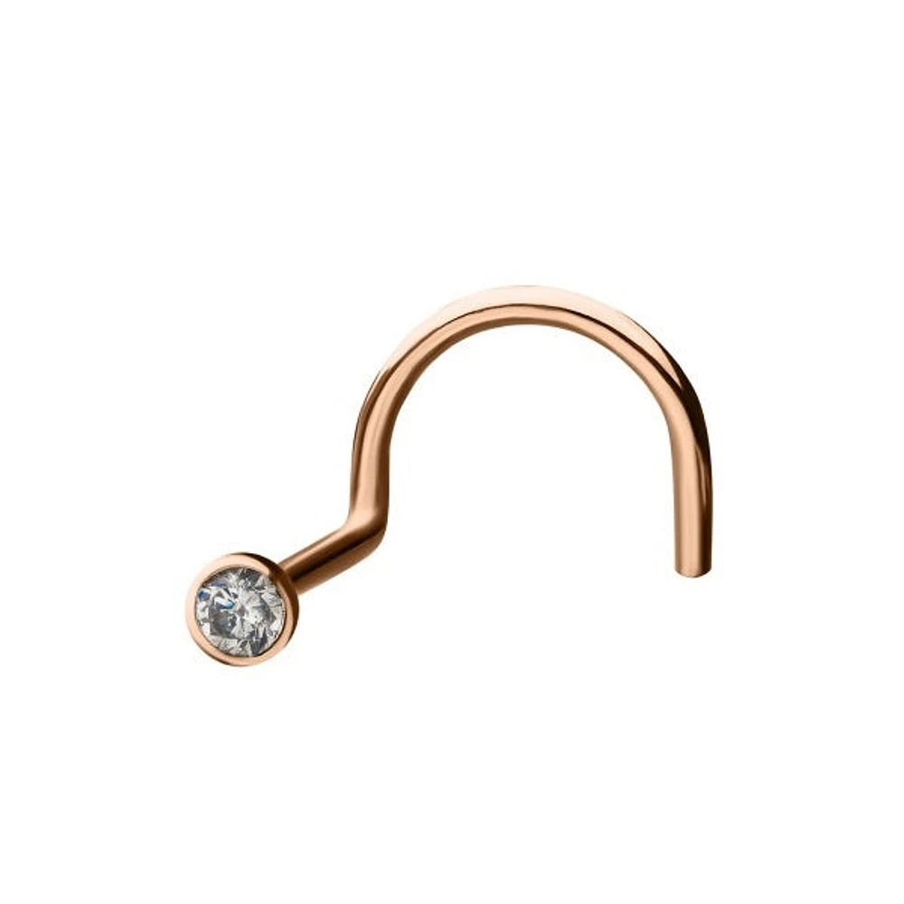 1.5mm 20g 14kt Rose Gold Nose Screw with Bezel Set Clear CZ Gem Top