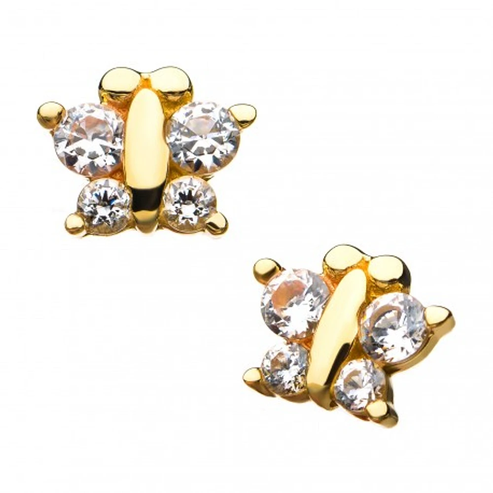 14Kt Yellow Gold Threadless Prong Set Clear CZ Butterfly Top