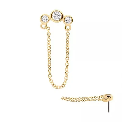 14Kt Yellow Gold Threadless with Bezel Set CZ 3-Cluster Top with Dangling Chain