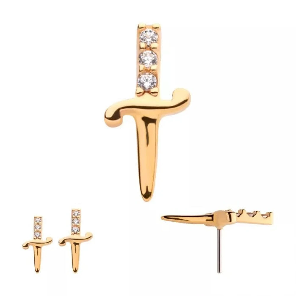 14Kt Yellow Gold Threadless with Dagger with 3-CZ Gem Handle Top