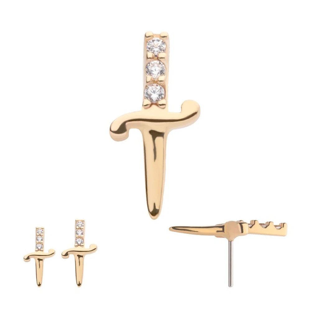 14Kt Yellow Gold Threadless with Dagger with 3-CZ Gem Handle Top