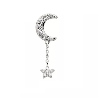 14Kt White Gold Threadless Pave Set CZ Crescent Moon Top with Pave Set CZ Star Dangle Chain