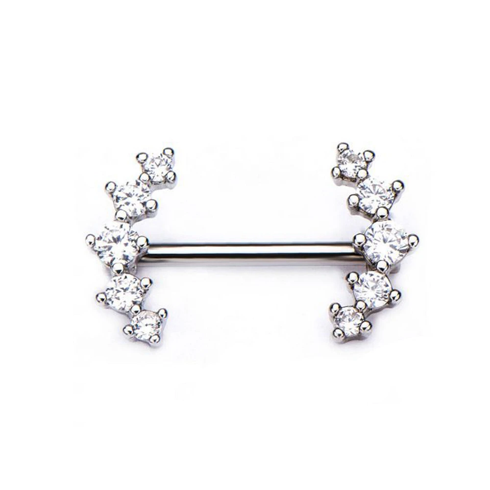 14g 9/16" Surgical Steel Nipple Barbells With Forward Facing 5 Clear CZ Gems