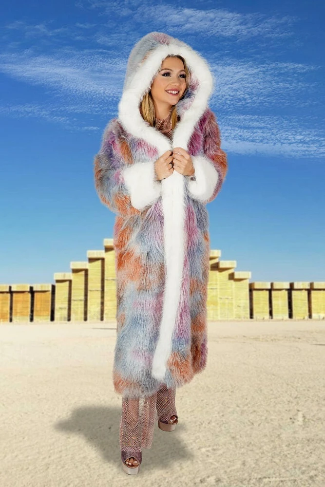 Faux Fur Colorful Long Jacket W Hood