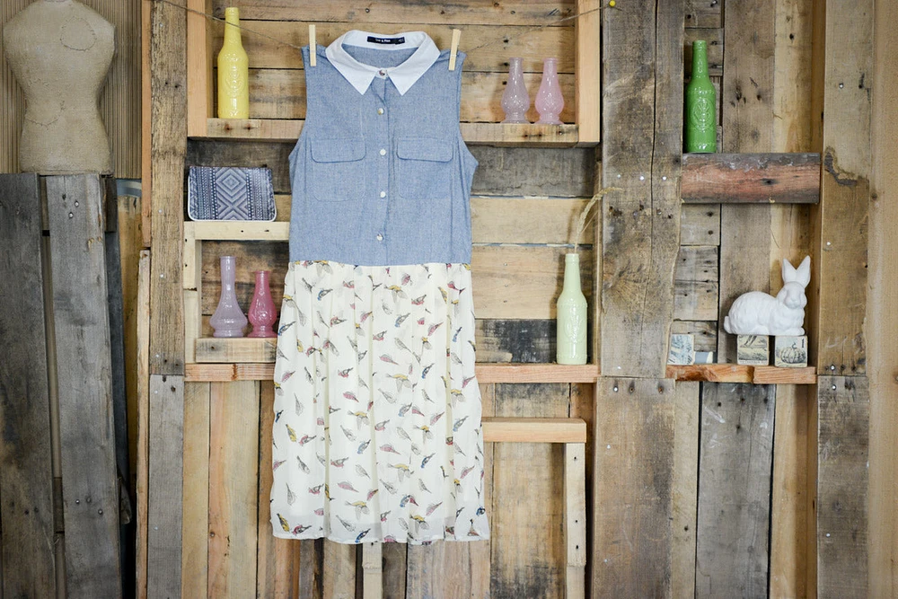 SLEEVELESS BIRD PRINT TWOFER BLUE/CREAM