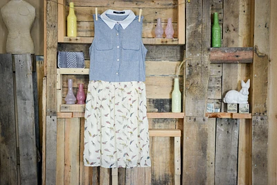 SLEEVELESS BIRD PRINT TWOFER BLUE/CREAM