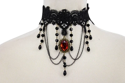 Lace Beaded Choker Red Pendant W Chains