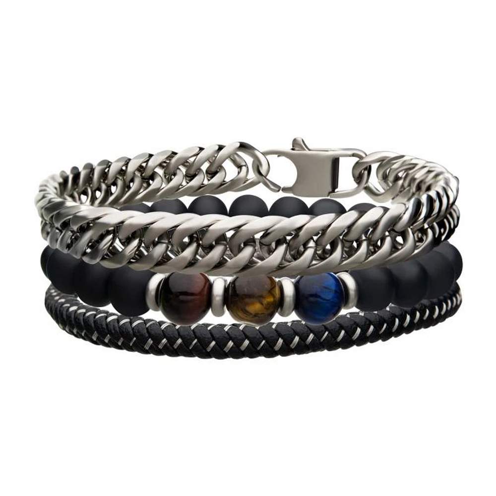 Leather, Stone & Stainless Steel Curb Chain Stackable Bracelet