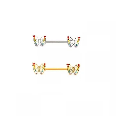 Butterfly Rainbow Gem Nipple Barbell