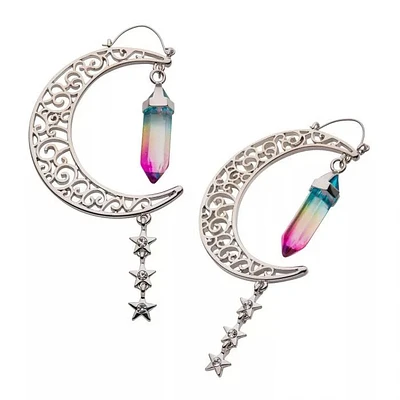 Filigree Crescent Moon with Oil Slick Crystal & Triple Star Dangle Plug Hangers