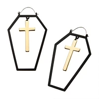 Black PVD Cut Out Coffin with Gold PVD Cross Plug Hangers