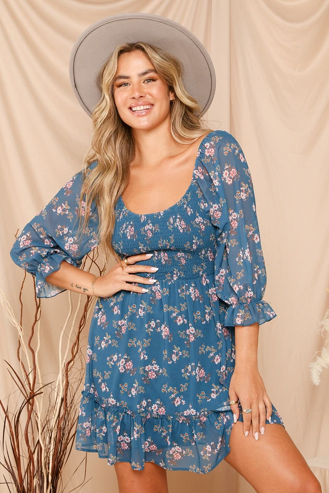 Vestido de bebé estampado con manga 3/4 y lazo trasero